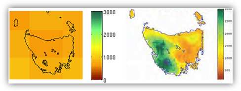Illustration showing the much lower amount of detail in a global climate model simulation of historic rainfall over a small region compared to the observed pattern.