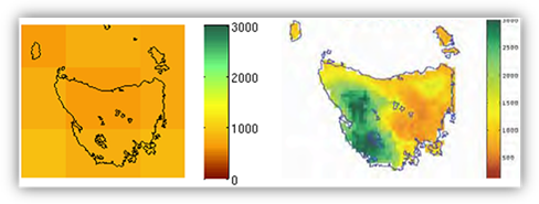 Global climate model simulation of rainfall compared to actual Illustration showing the much lower amount of detail in a global climate model simulation of historic rainfall over a small region compared to the observed pattern.